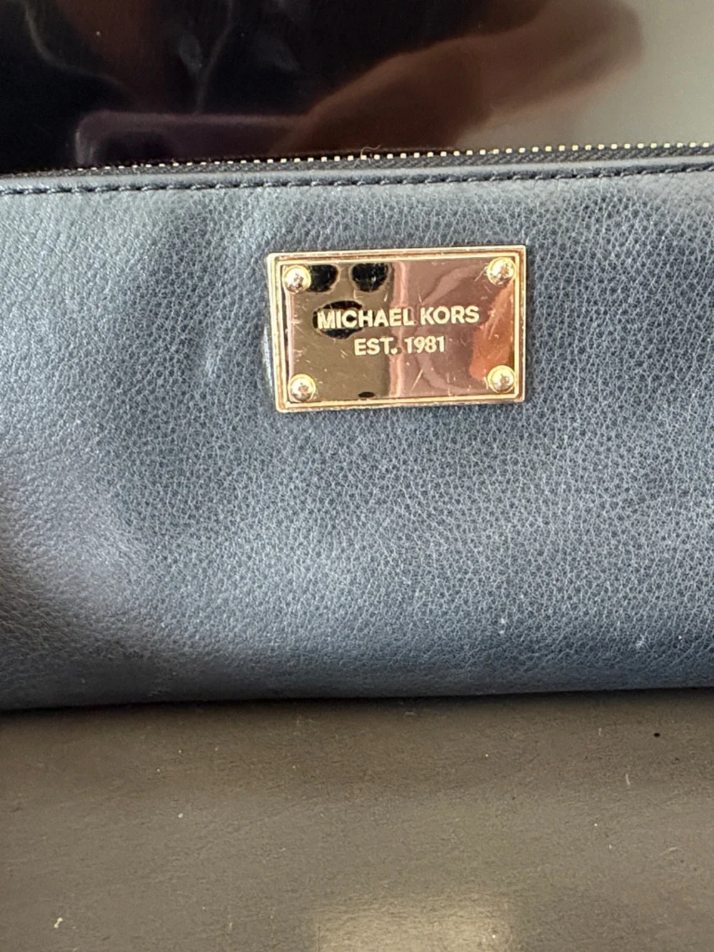 Michael Kors Navy Zip-Around Pebbled Leather Wallet with Gold Plate